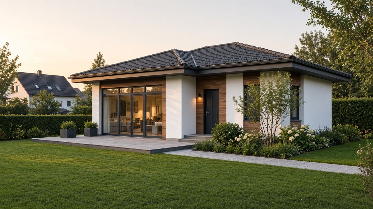 Bungalow mit Walmdach, weißer Putzfassade, Holzlamellen und großer Glasfront zur Terrasse