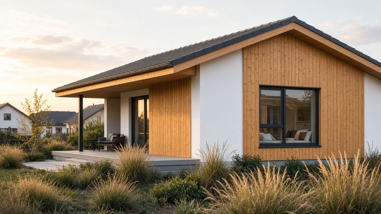 Bungalow mit Satteldach, weißer Putz- und Holzfassade sowie zurückgesetzter Terrasse