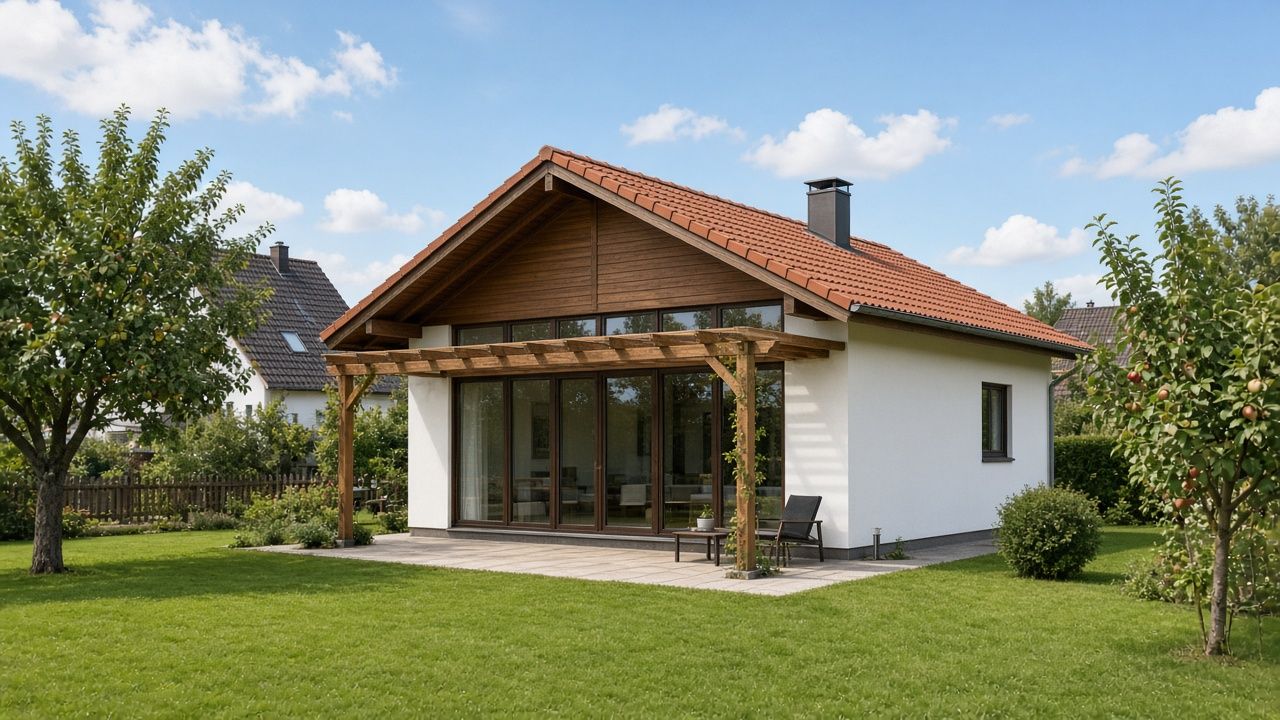 Bungalow mit rotem Satteldach, Holzgiebel und Pergola über der Steinterrasse