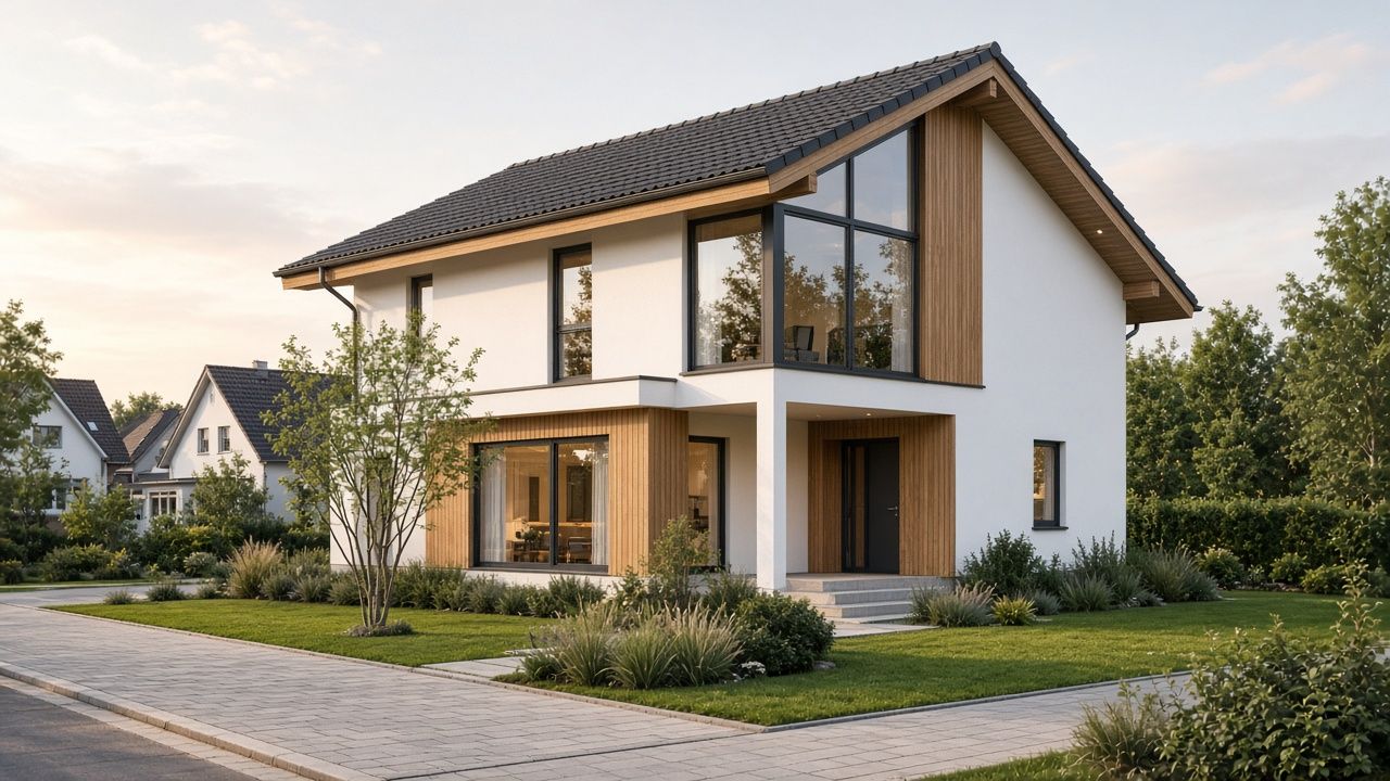 Einfamilienhaus mit Satteldach, weißer Putzfassade und vertikalen Holzlamellen am Eingang
