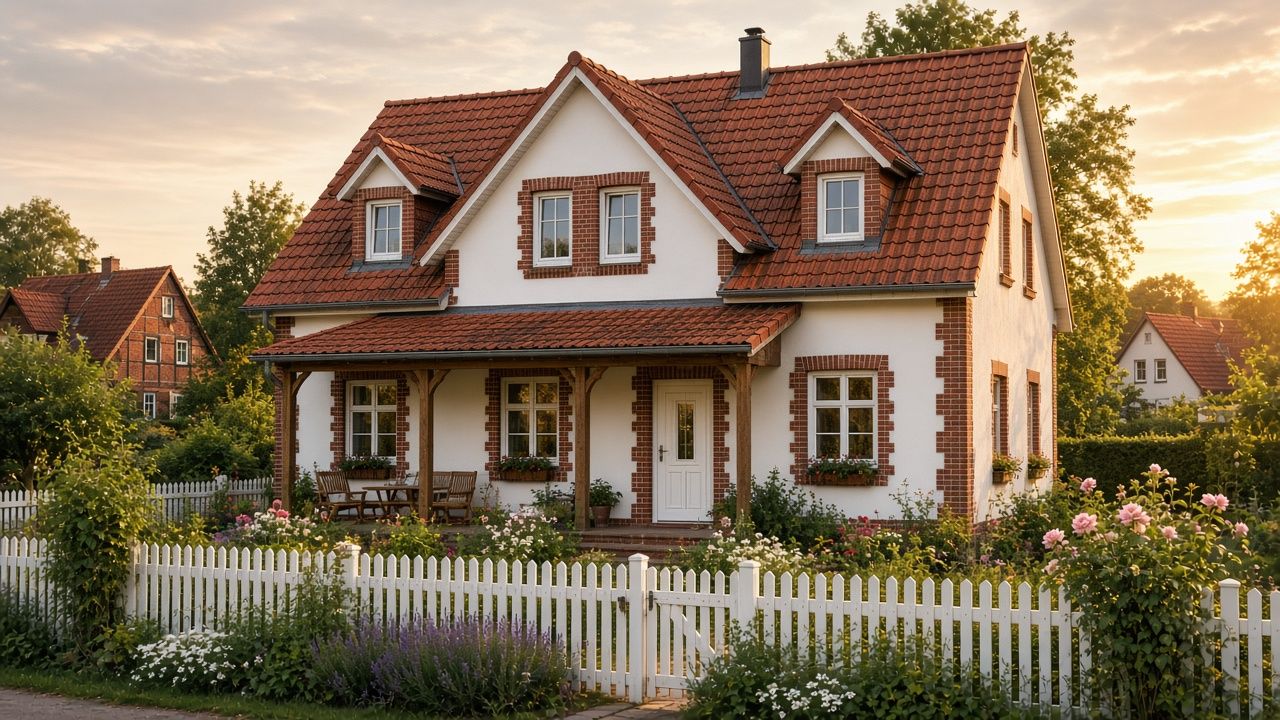 Klassisches Landhaus mit rotem Satteldach, Veranda und Blumengarten