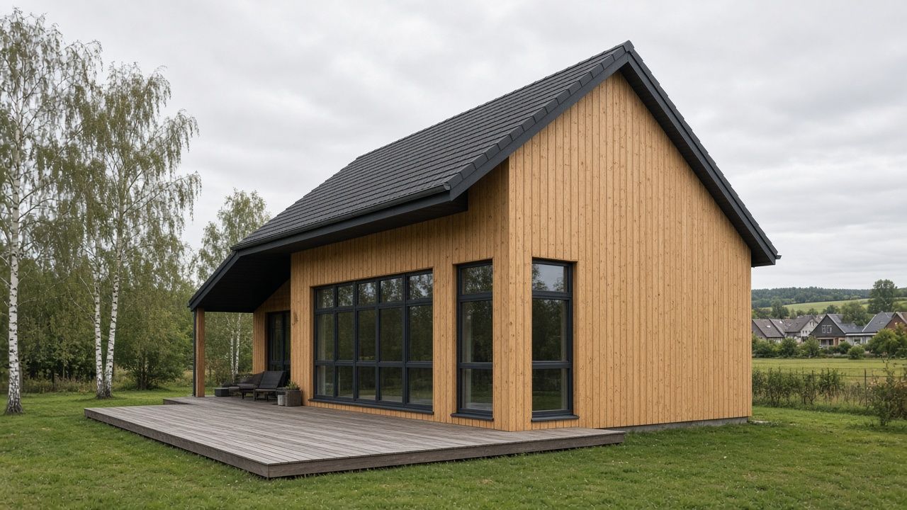 Holzfassade mit asymmetrischem Satteldach, großer Glasfront und Holzterrasse