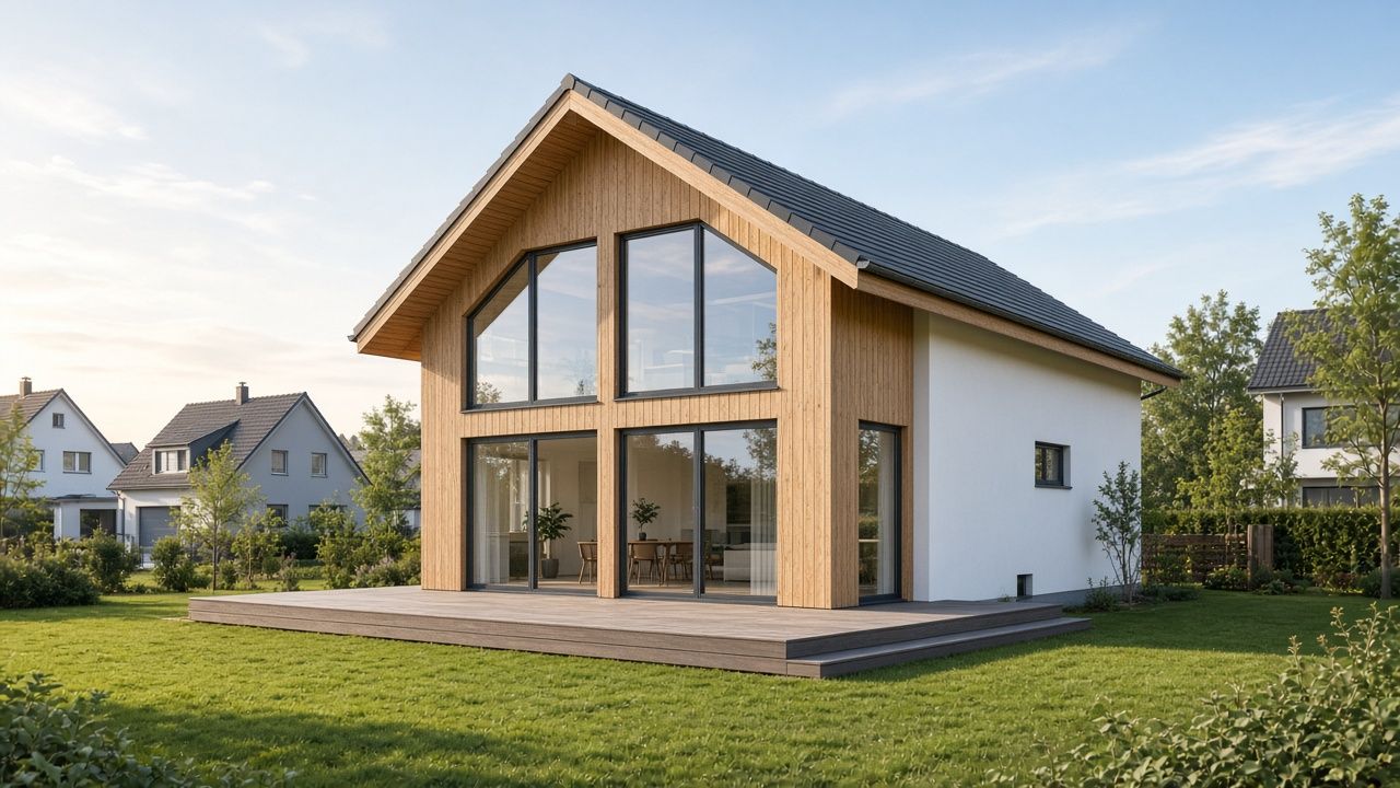 EFH mit Satteldach, zweigeschossiger Holz-Glasfront und erhöhter Holzterrasse