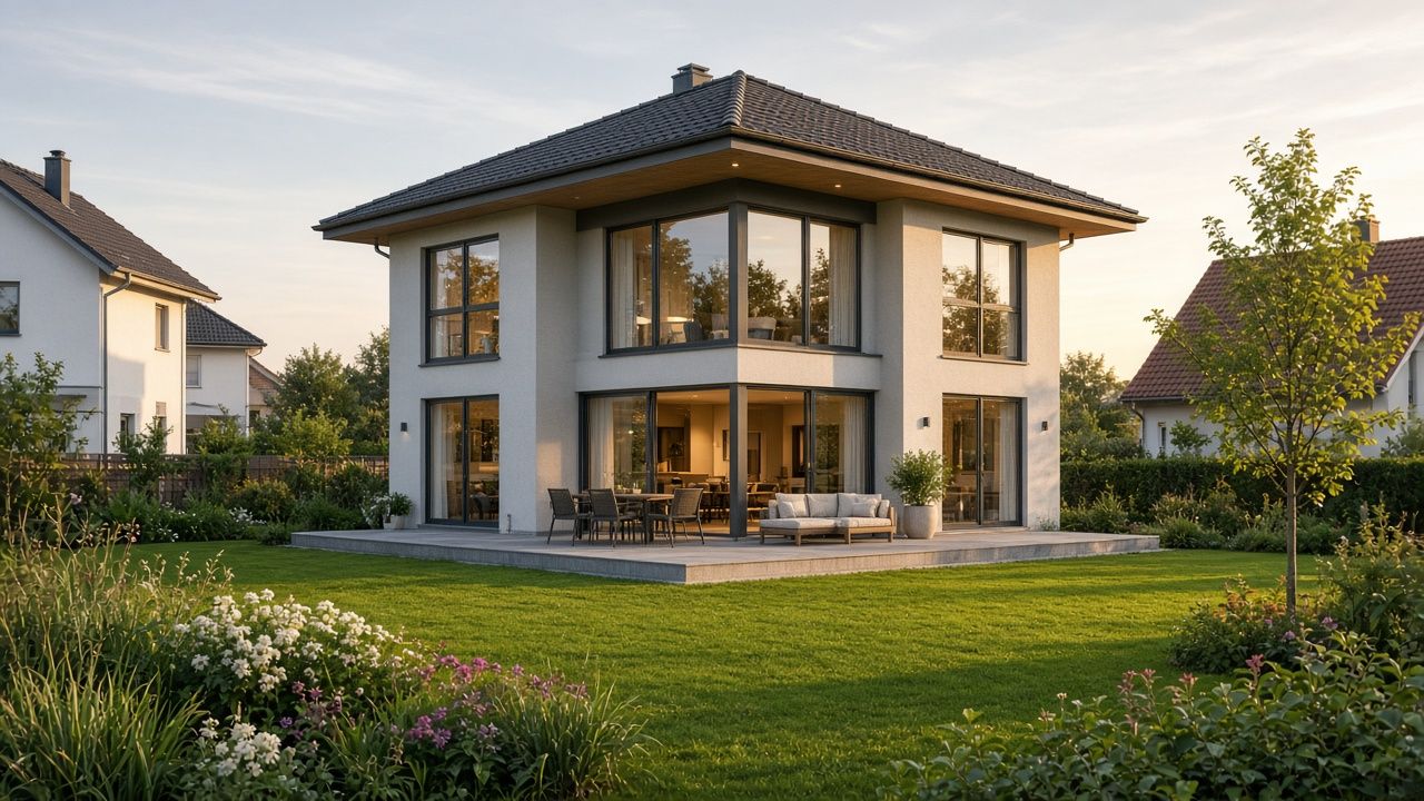 Stadtvilla mit Walmdach, Eckverglasung und großzügiger Terrasse bei Abendlicht