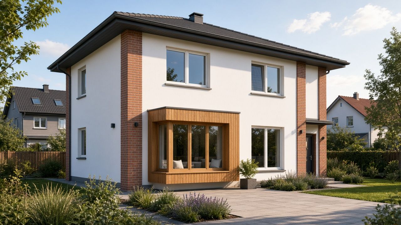 Stadtvilla mit Walmdach, Klinkerpfeilern und holzverkleidetem Erker