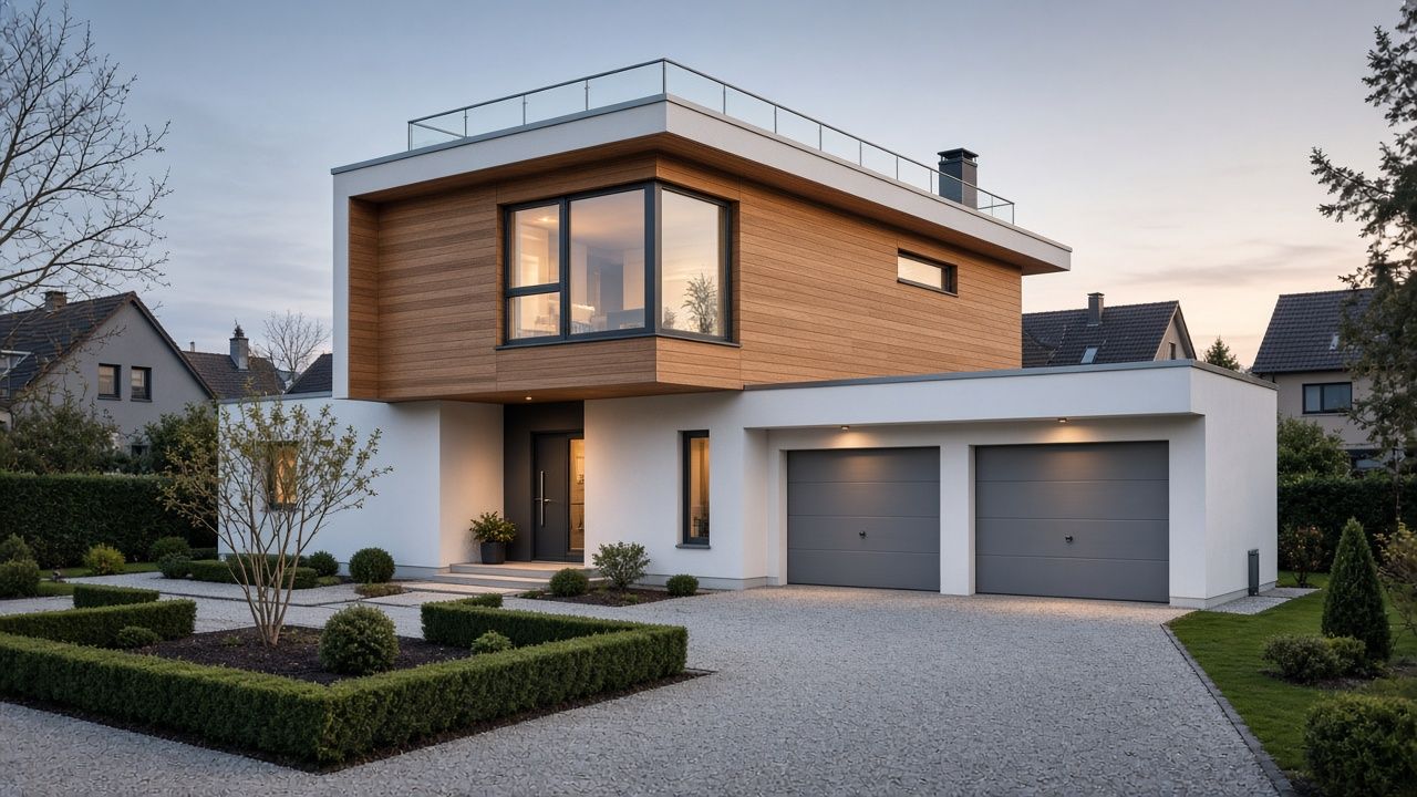 Flachdach-Stadtvilla mit Holzverkleidung im OG, Dachterrasse und Doppelgarage