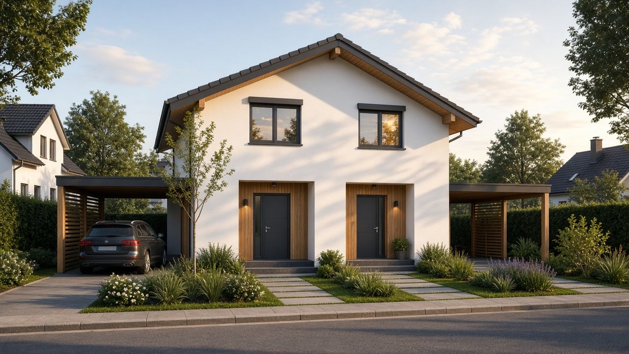 Zweifamilienhaus mit Satteldach, zwei Eingängen und seitlichen Carports