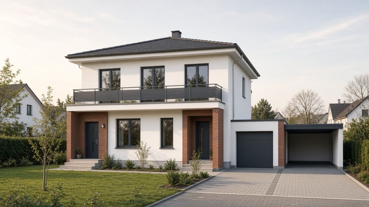 Zweifamilienhaus mit Walmdach, zwei Eingängen, durchgehendem Balkon und Carport