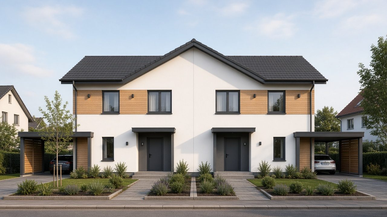 Modernes Zweifamilienhaus mit Flachdach, Holzlamellen an den Eingängen und gespiegelter Fassade