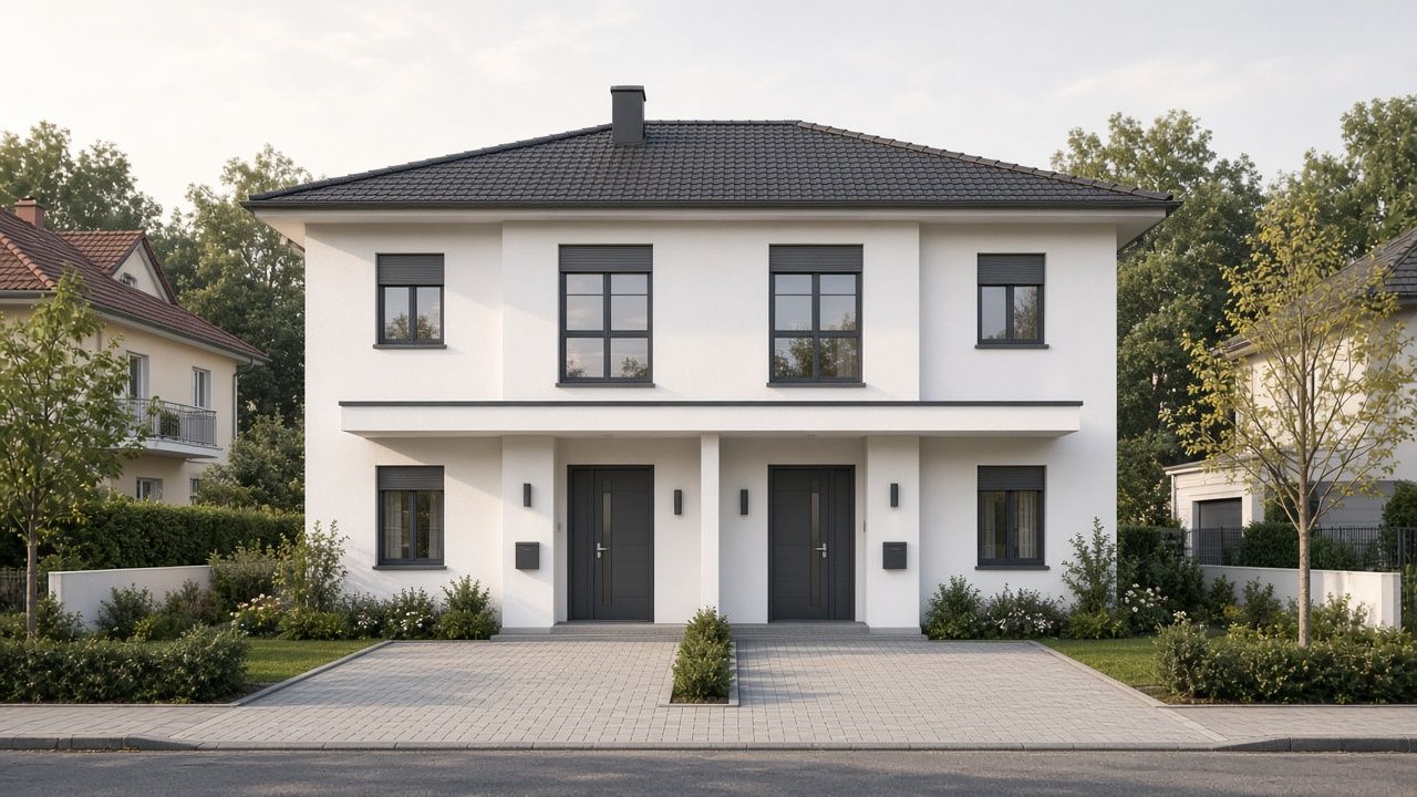 Symmetrische Stadtvilla als Zweifamilienhaus mit Walmdach und zwei Eingängen