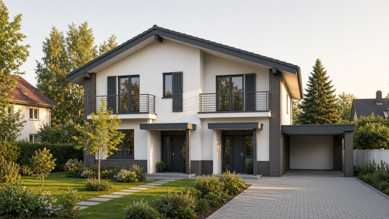 Zweifamilienhaus mit Satteldach, zwei Eingängen, Balkonen und Carport