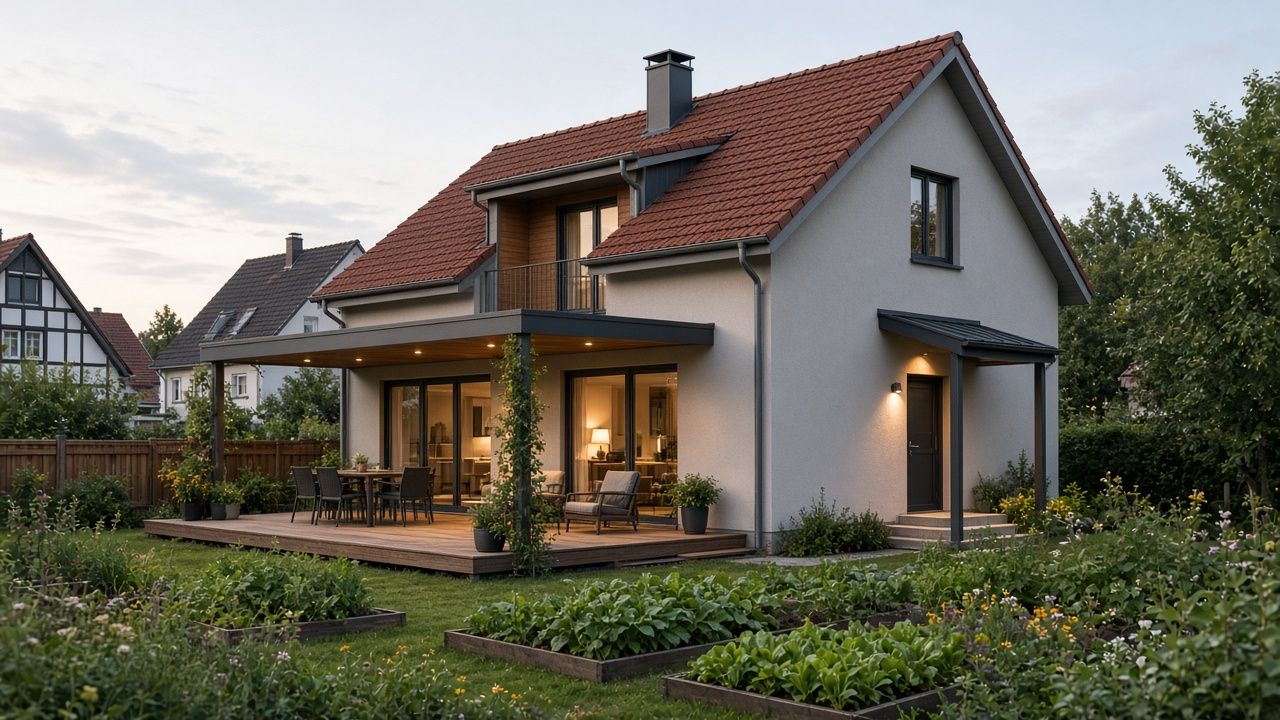 Haus mit Satteldach, Holzterrasse und zweitem Eingang unter Vordach